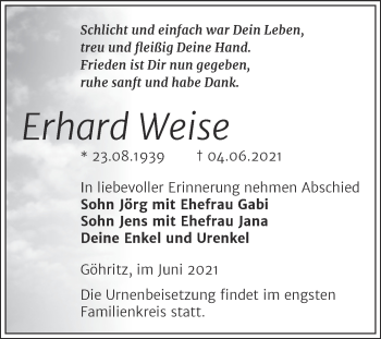 Traueranzeige von Erhard Weise von Trauerkombi Merseburg