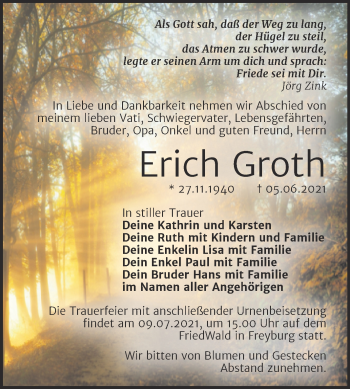 Traueranzeige von Erich Groth von Trauerkombi Weißenfels