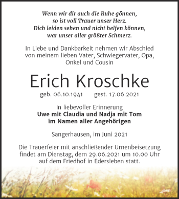 Traueranzeige von Erich Kroschke von Trauerkombi Sangerhausen