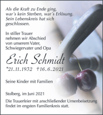 Traueranzeige von Erich Schmidt von Trauerkombi Sangerhausen