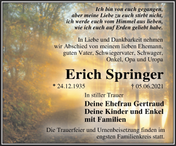 Traueranzeige von Erich Springer von Trauerkombi Wittenberg