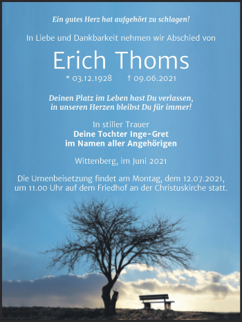 Traueranzeige von Erich Thoms von Trauerkombi Wittenberg