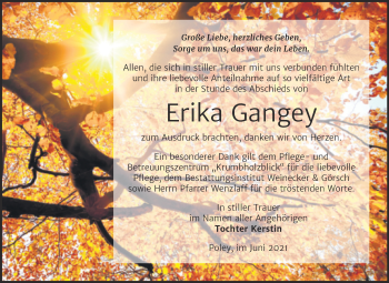 Traueranzeige von Erika Gangey von Trauerkombi Bernburg