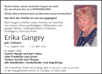 Traueranzeige von Erika Gangey von Trauerkombi Bernburg