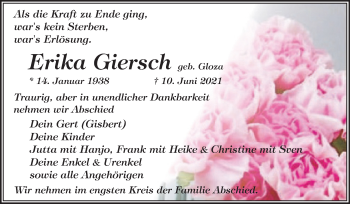 Traueranzeige von Erika Giersch von Trauerkombi Quedlinburg