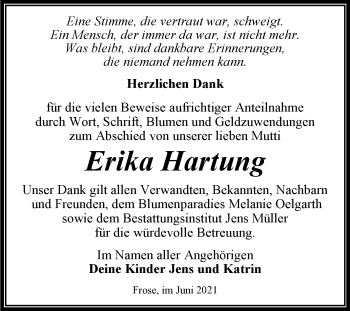 Traueranzeige von Erika Hartung von Trauerkombi Aschersleben