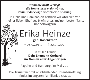 Traueranzeige von Erika Heinze von Trauerkombi Bitterfeld