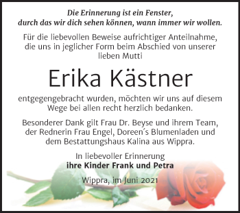 Traueranzeige von Erika Kästner von Mitteldeutsche Zeitung Mansfelder Land