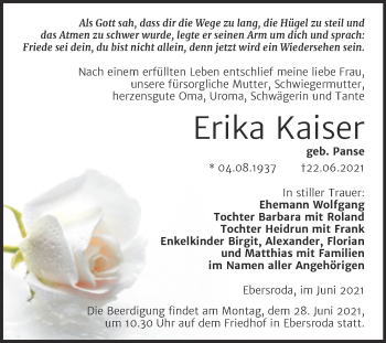 Traueranzeige von Erika Kaiser von Naumburger Tageblatt