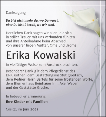 Traueranzeige von Erika Kowalski von Trauerkombi Köthen
