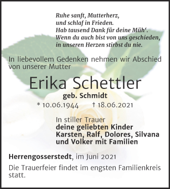 Traueranzeige von Erika Schettler von Wochenspiegel Naumburg/Nebra