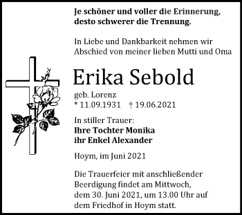 Traueranzeige von Erika Sebold von Trauerkombi Aschersleben