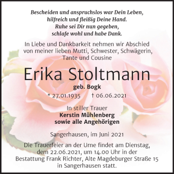 Traueranzeige von Erika Stoltmann von Trauerkombi Sangerhausen