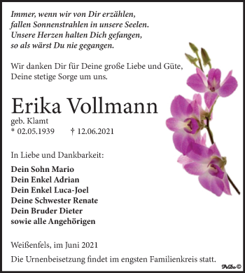 Traueranzeige von Erika Vollmann von Trauerkombi Weißenfels