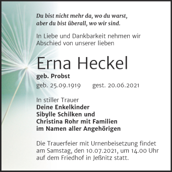 Traueranzeige von Erna Heckel von Trauerkombi Bitterfeld