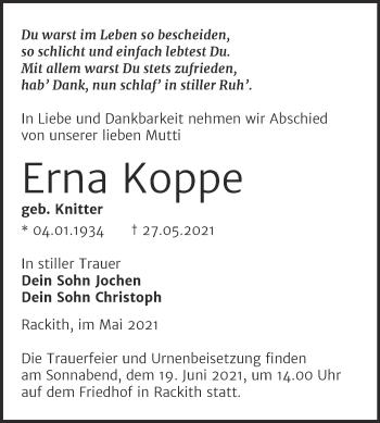 Traueranzeige von Erna Koppe von Trauerkombi Wittenberg
