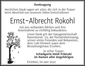 Traueranzeige von Ernst-Albrecht Rokohl von Trauerkombi Mansfelder Land