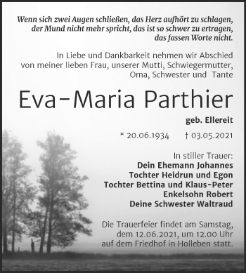 Traueranzeige von Eva-Maria Parthier von Mitteldeutsche Zeitung Halle/Saalkreis