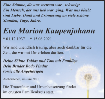 Traueranzeige von Eva Marion Kaupenjohann von Trauerkombi Aschersleben