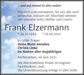 Traueranzeige von Frank Elzermann von Trauerkombi Aschersleben