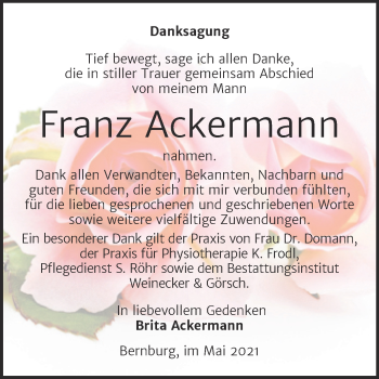 Traueranzeige von Franz Ackermann von Trauerkombi Bernburg