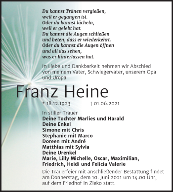 Traueranzeige von Franz Heine von Trauerkombi Wittenberg