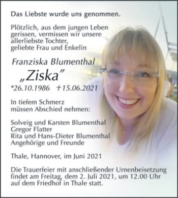 Traueranzeige von Franziska Blumenthal von Trauerkombi Quedlinburg