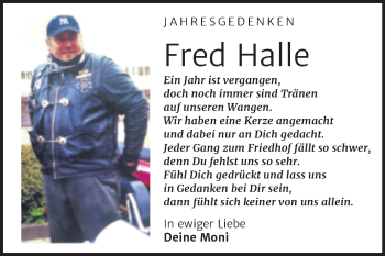 Traueranzeige von Fred Halle von Trauerkombi Bernburg