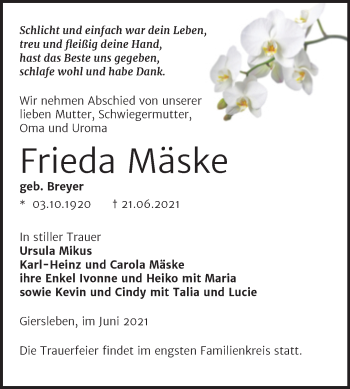 Traueranzeige von Frieda Mäske von Trauerkombi Aschersleben