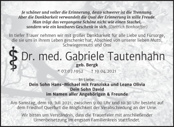 Traueranzeige von Gabriele Tautenhahn von Trauerkombi Merseburg