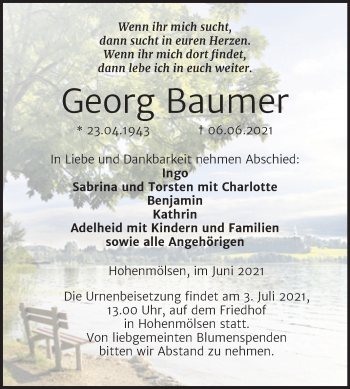 Traueranzeige von Georg Baumer von Trauerkombi Weißenfels