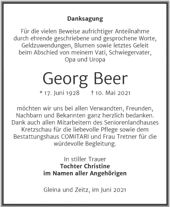 Traueranzeige von Georg Beer von Trauerkombi Zeitz