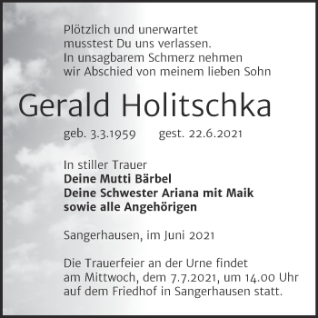 Traueranzeige von Gerald Holitschka von Trauerkombi Sangerhausen