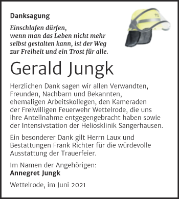 Traueranzeige von Gerald Jungk von Trauerkombi Sangerhausen