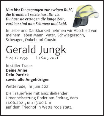 Traueranzeige von Gerald Jungk von Trauerkombi Sangerhausen