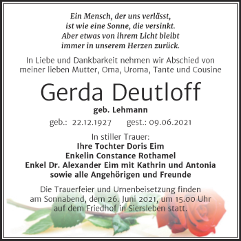 Traueranzeige von Gerda Deutloff von Trauerkombi Mansfelder Land