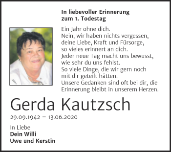 Traueranzeige von Gerda Kautzsch von Trauerkombi Wittenberg