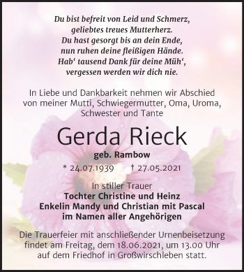 Traueranzeige von Gerda Rieck von Trauerkombi Bernburg