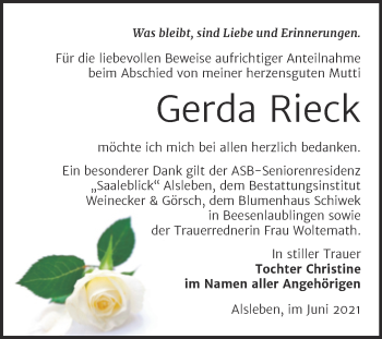 Traueranzeige von Gerda Rieck von Trauerkombi Bernburg