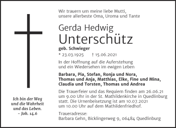 Traueranzeige von Gerda Hedwig Unterschütz von Mitteldeutsche Zeitung Quedlingburg