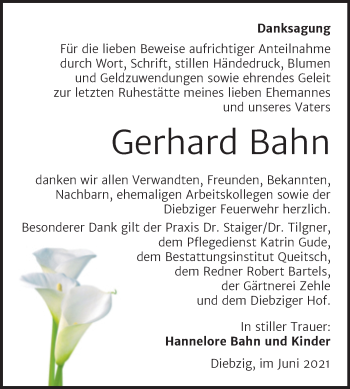 Traueranzeige von Gerhard Bahn von Trauerkombi Köthen