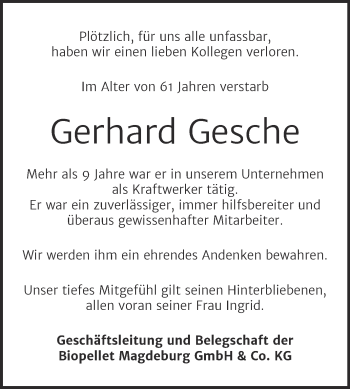 Traueranzeige von Gerhard Gesche von Mitteldeutsche Zeitung Quedlingburg