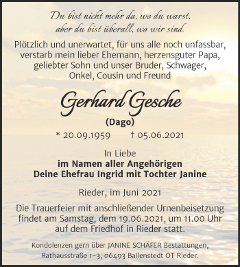 Traueranzeige von Gerhard Gesche von Trauerkombi Quedlinburg