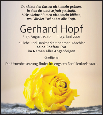 Traueranzeige von Gerhard Hopf von Wochenspiegel Naumburg/Nebra