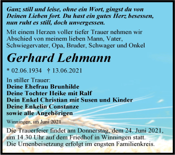 Traueranzeige von Gerhard Lehmann von Trauerkombi Aschersleben