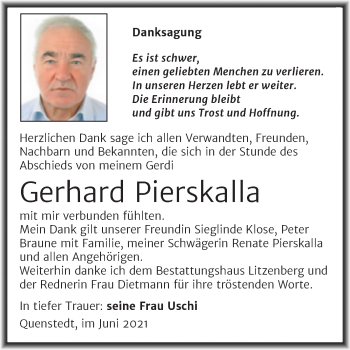Traueranzeige von Gerhard Pierskalla von Trauerkombi Mansfelder Land