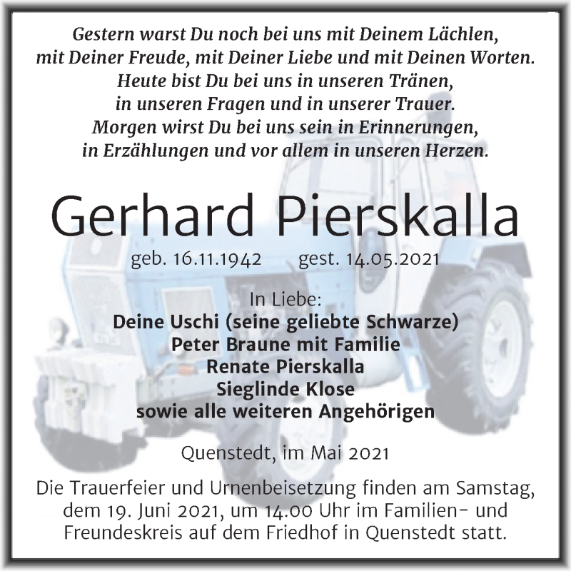 Traueranzeige für Gerhard Pierskalla vom 01.06.2021 aus Trauerkombi Aschersleben