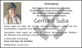 Traueranzeige von Gerhard Suba von Trauerkombi Sangerhausen