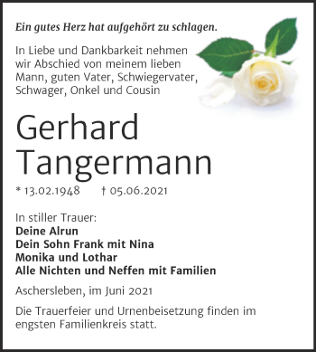 Traueranzeige von Gerhard Tangermann von Trauerkombi Aschersleben