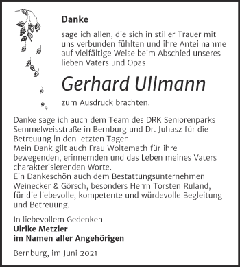 Traueranzeige von Gerhard Ullmann von Trauerkombi Bernburg